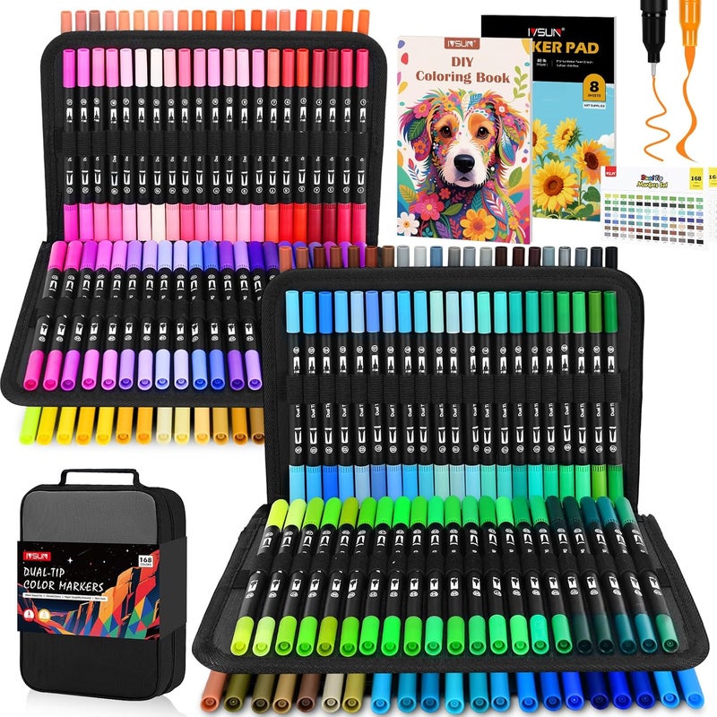 IVSUN Dual Brush Marker Pens,168 Colors Art Markers Set with Fine & Brush Tip for Adult Coloring Book, Bullet Journaling, Drawing, Note Taking, Planner, Hand Lettering, Calligraphy, Art Supplies Kit - Image 1